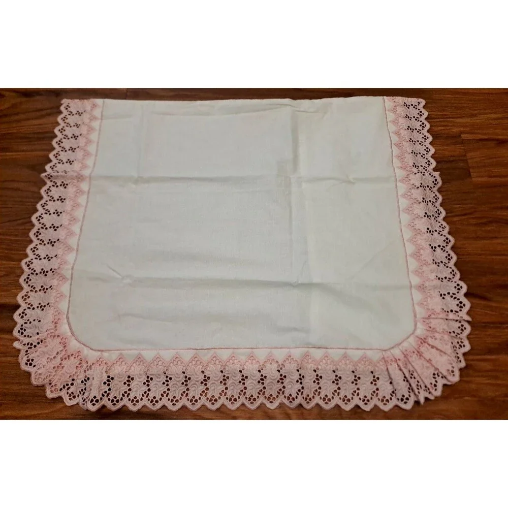 Vintage Ruffled Standard Pillowcase White Pink Lace Edge Portugal Cotton Cottage